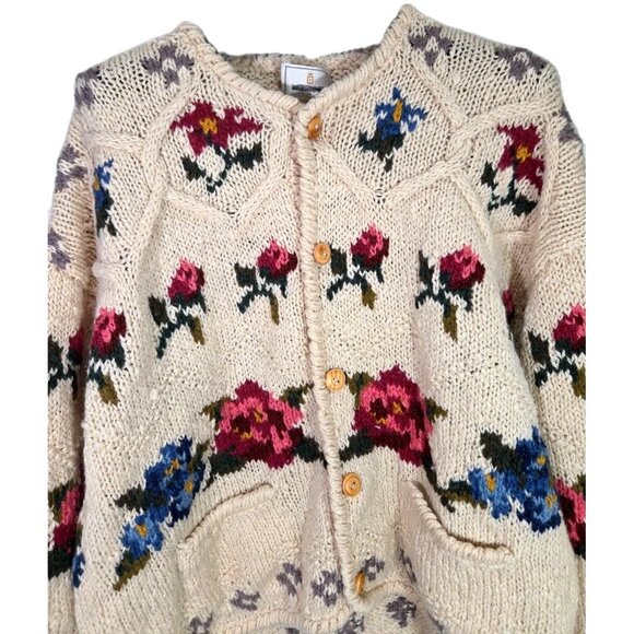 Vtg Sz L 90s Express Tricot Hand Knit Wool Chunky Sweater Cardigan Cottagecore - Picture 2 of 9